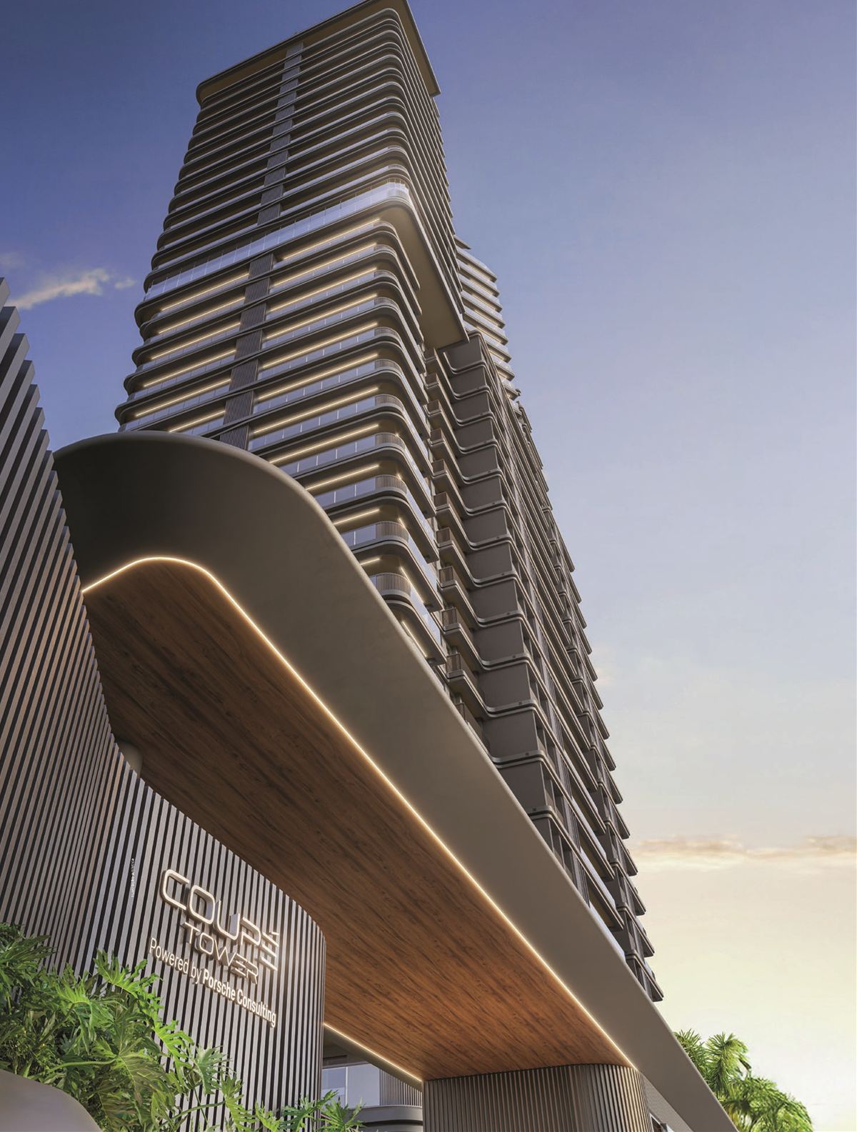 Ilustração artística: fachada do Ed. Coupé com o logo do Coupé Tower Powered by Porsche Consulting