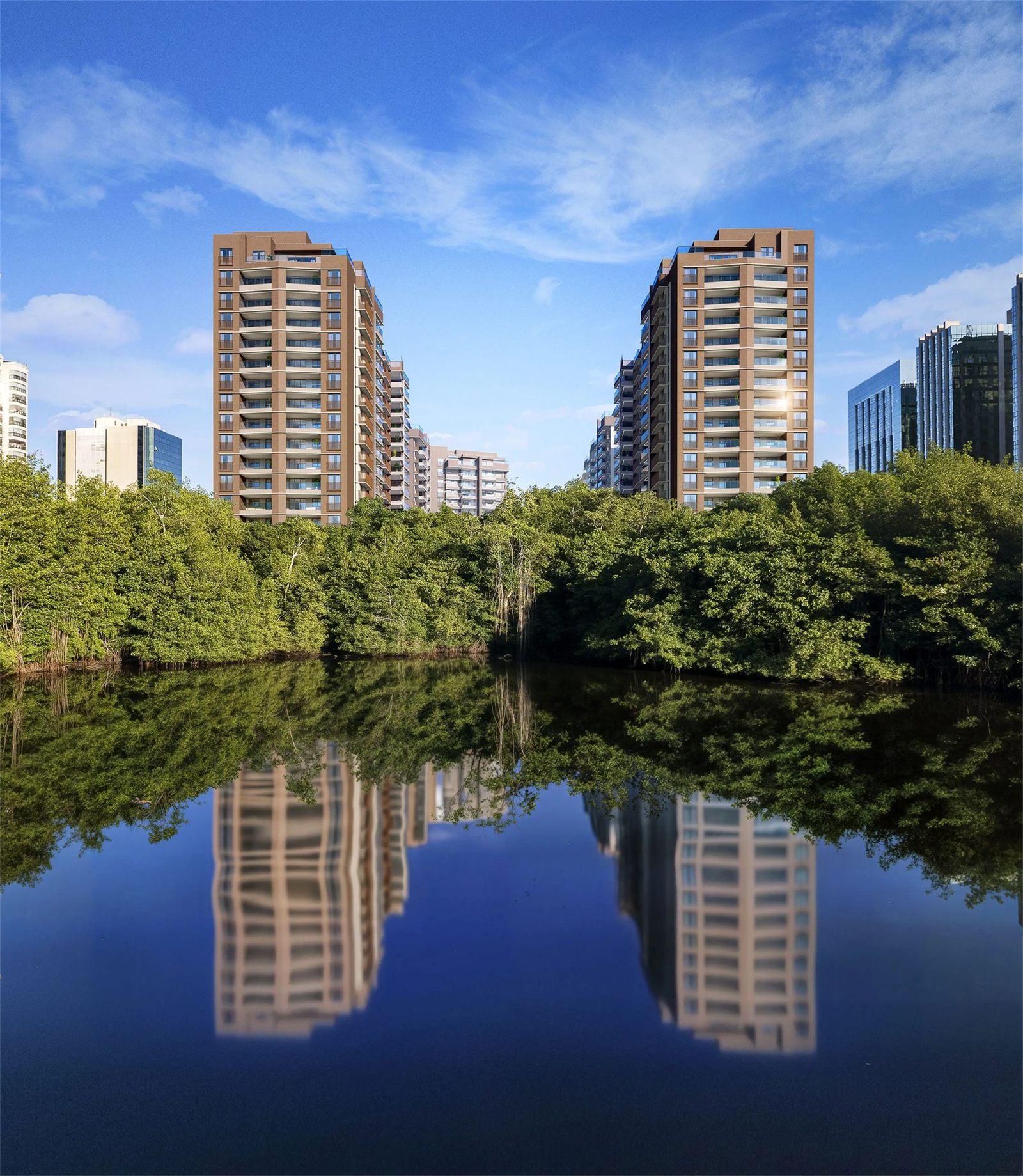 Ilustração artística: Fotomontagem das fachadas com vista para a lagoa, Endless Península By Edsa
